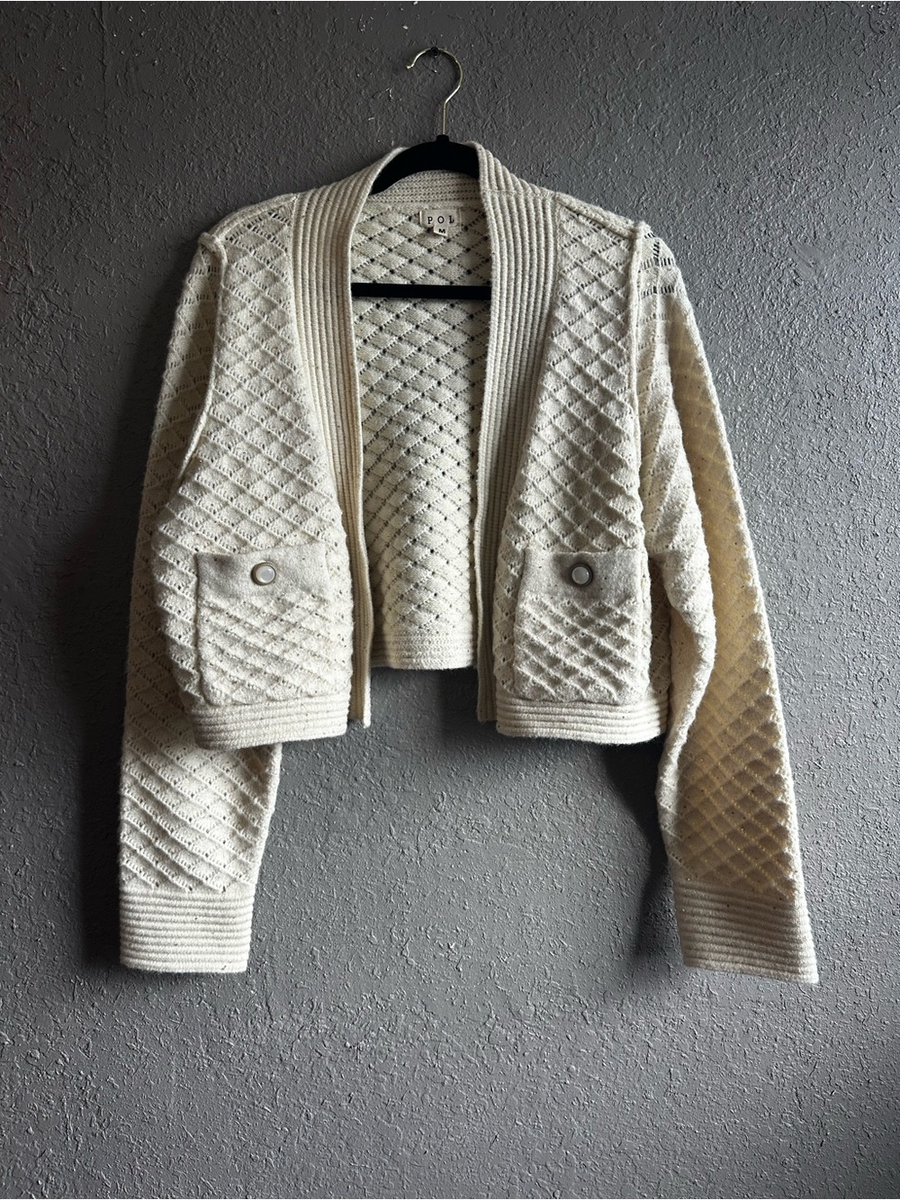 POL Cream Quilted Cropped Open-Front Cardigan